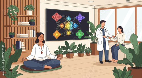 Holistic wellness center featuring meditation, chakra healing, and patient care