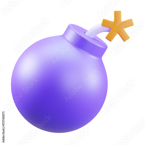 Purple cartoon bomb with a lit fuse, symbolizing danger, explosion, and the imminent threat of destruction in a playful 3D illustration style
