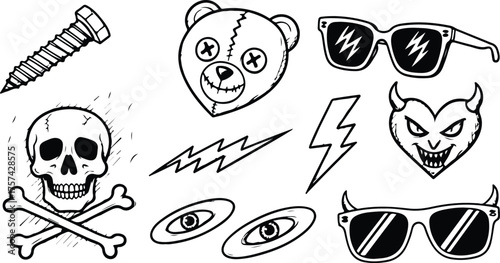 Handdrawn doodle set isolated on white background featuring a screw, skull, teddy bear, eye, lightning bolt, and sunglasses, creating a whimsical and edgy collection of sketched elements