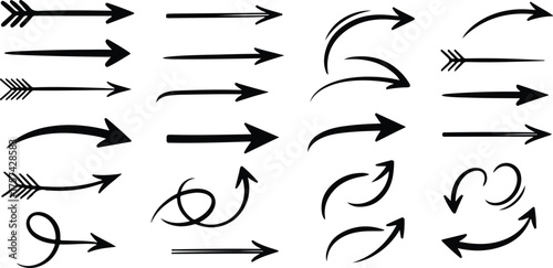 Set of handdrawn arrow isolated on white background, featuring various styles and directions, perfect for adding a touch of organic and artistic flair to your design projects
