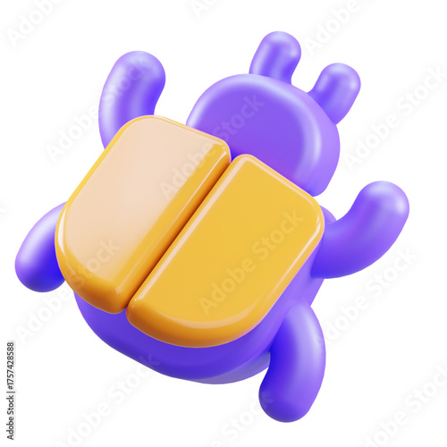 Whimsical 3D illustration of a stylized purple bug, playfully overturned, featuring glossy textures and a charming cartoon aesthetic, ideal for creative projects