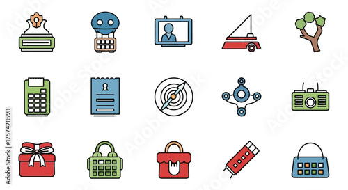 Collection of various vector icons isolated on white background, flat design