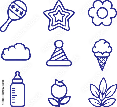 A set of delightful line art icons isolated on white background, showcasing a rattle, star, flower, cloud, hat, ice cream, bottle, rose, and leaves for versatile design projects