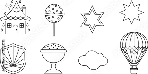 A collection of charming line art icons isolated on white background, featuring a whimsical house, lollipop, stars, shield, dessert, cloud, and hot air balloon for creative designs
