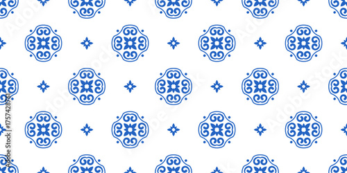 Blue Flower geometric seamless pattern, Mediterranean Ceramic. Sicilian, Portuguese, Spanish tile traditional design, porcelain pottery. Vector isolated on white background