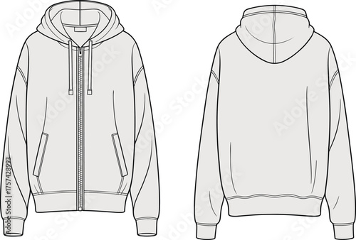 Hooded zip up sweatshirt flat sketch, front and back view, drawstring hood, ribbed cuffs waistband, casual unisex hoodie, cad drawing vector illustration
