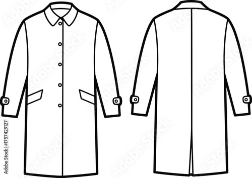 Long coat flat sketch, button front design, strap cuff detail, slanted flap pockets, classic collar outerwear, cad drawing fashion vector illustration