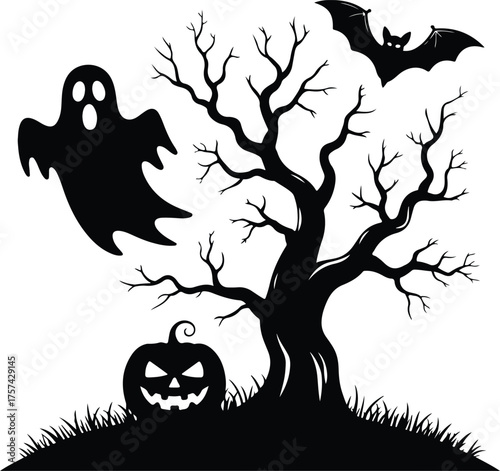 Eerie halloween scene featuring a spooky tree, a grinning pumpkin, a ghostly apparition, and a bat in silhouette isolated on white background