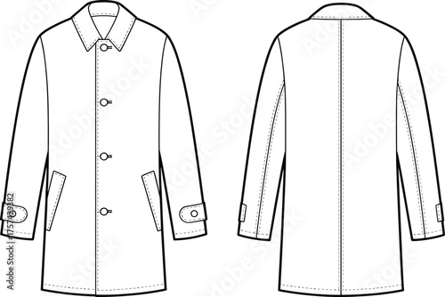 Long coat flat sketch, button front design, welt pockets, cuff strap detail, classic collar outerwear, men’s fashion cad drawing vector illustration