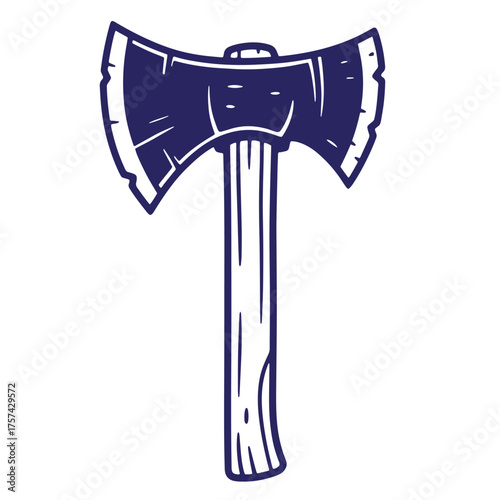 Vintage illustration of a double bladed axe with a wooden handle on a white background