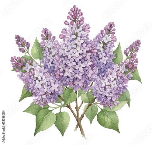 Lush bouquet of blooming purple lilac flowers with soft green leaves and woody stems vector illustration. Syringa vulgaris blossom.