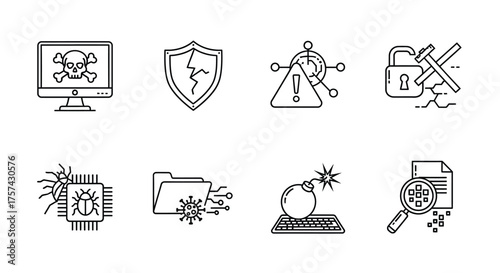 Set of linear icons representing cyber security and computer virus isolated on white background