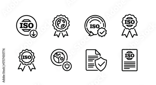 Set of iso standard certification outline icons isolated on white background