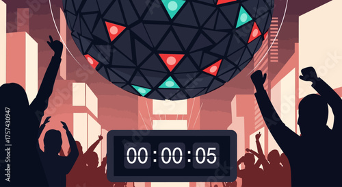 A compelling flat design illustrates the final moments of the New Year's Eve countdown in Times Square, highlighting the descending ball and a prominent countdown clock. 