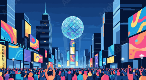 This vibrant flat design illustration captures the iconic New Year's Eve ball drop in Times Square, featuring simplified buildings and an excited crowd. 