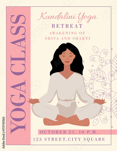 Poster of the Kundalini yoga retreat. A woman in white clothes sits in a meditation pose with her legs crossed, against the background of a mandala. Vector illustration