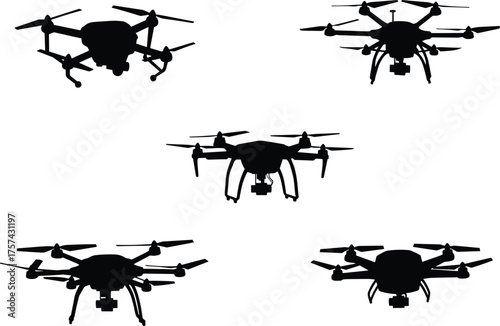 Drone silhouettes, quadcopters, aerial technology, unmanned aircraft, surveillance drones, flying machines, rotorcraft, camera drones, UAVs, futuristic design, isolated background