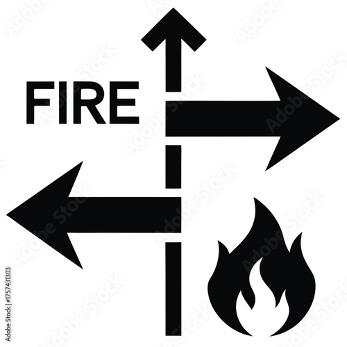 Fire emergency escape route guide with arrows and flame icon