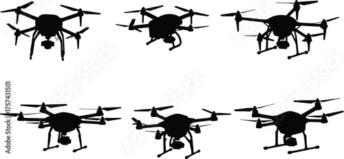 Drone silhouettes, quadcopters, aerial technology, unmanned aircraft, surveillance drones, flying machines, drone fleet, rotorcraft, UAVs, isolated, black, vector, illustration, remote control