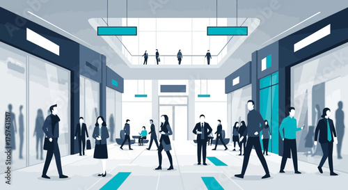 Business professionals walking through a modern office or commercial building