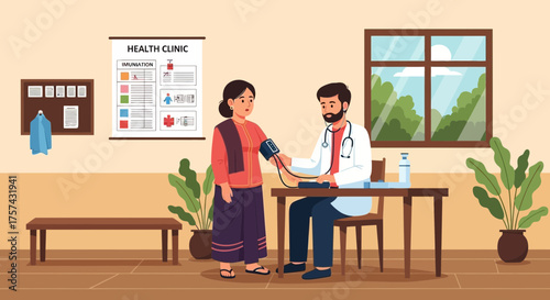 Doctor consulting woman in clinic for health checkup with blood pressure monitoring