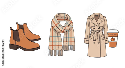 An illustration of autumn fashion essentials including brown Chelsea boots, a plaid scarf, a beige trench coat, and a pumpkin spice latte.