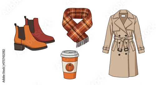 Autumnal ensemble featuring boots, a scarf, a coat, and a pumpkin spice latte, perfect for fall.