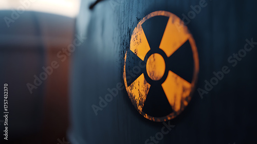 This close-up shot features a worn and distressed yellow and black trefoil symbol, often associated with radioactivity or ionizing radiation, affixed to a dark surface.