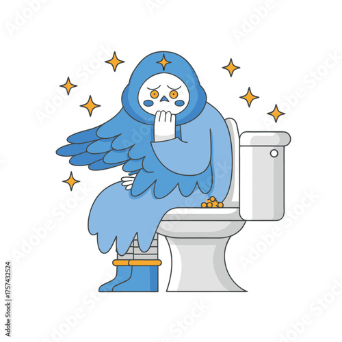 Figure Sitting on a Toilet: A whimsical cartoon figure with a pensive expression, seated upon a toilet. Surrounded by a few golden stars