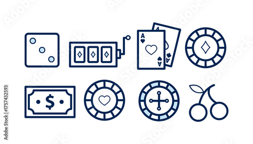 Casino Gambling and Game Icons Outline Set: Dice, Slot Machine, Playing Cards, Poker Chips, Money Bill, Roulette Wheel, and Slot Cherries. Vector Illustration.