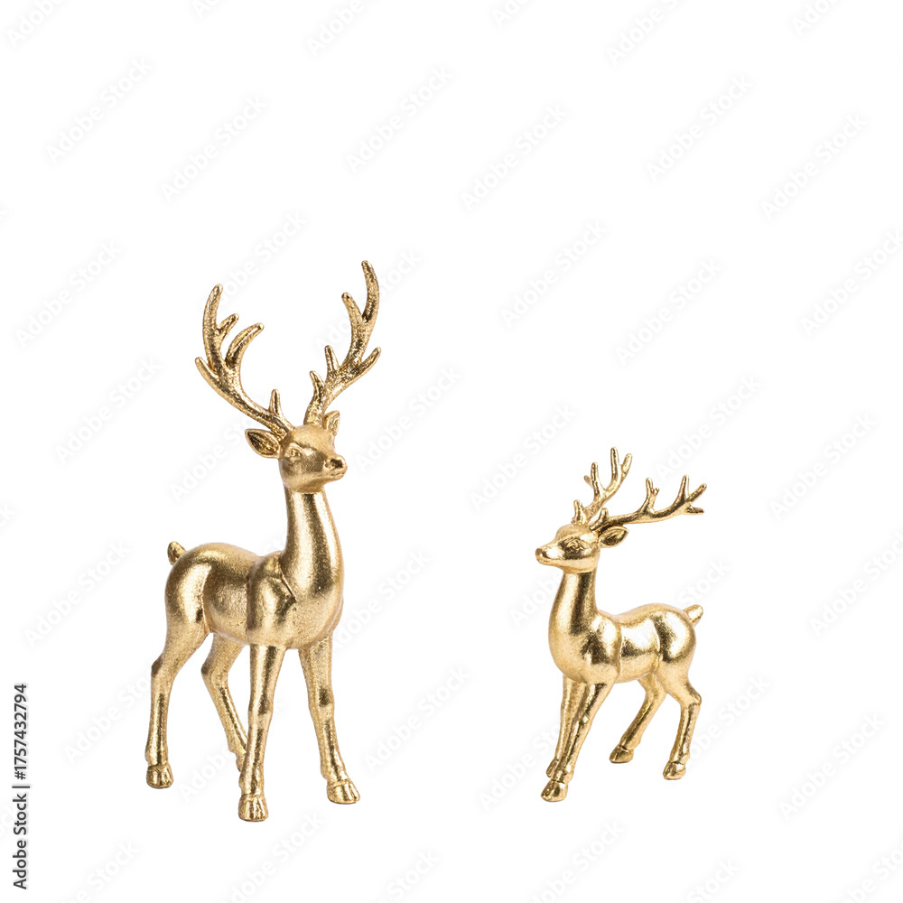 Obraz premium Gold standing reindeer statues photo on plain white background, elegant holiday decor style, studio light, stock photography for Christmas interior catalog and festive ornament store