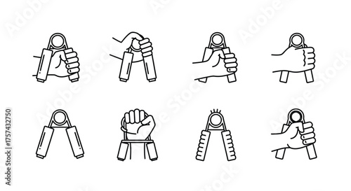 Hand gripper exercises demonstrating strength training and hand muscle development vector