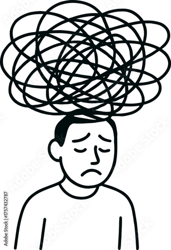 Human figure overwhelmed by tangled scribble lines representing chaotic thoughts