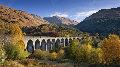 Iconic Glenfinnan Viaduct in Autumnal Splendor Under a Clear Blue Sky