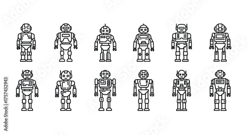 Retro robot collection flat line art icons vintage style futuristic android figures set vector