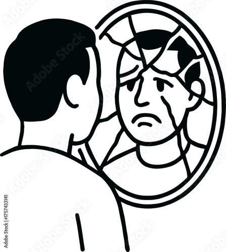 Broken mirror reflecting a distorted self image symbolizing insecurity and self doubt