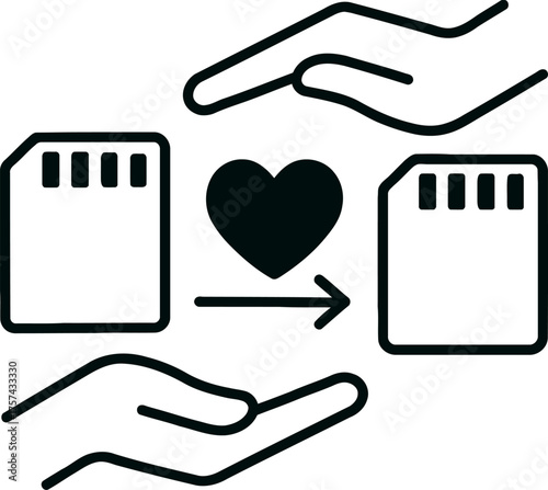 Hands transferring heart between memory cards symbolizing love transition