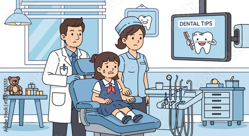 A young girl's apprehensive visit to the dentist, supported by a caring team