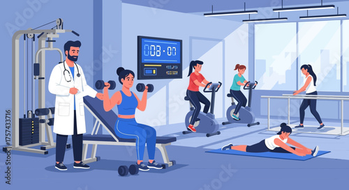 Physical rehabilitation center with diverse exercises and medical supervision for patients