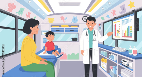 Mobile Pediatric Clinic: Doctor consulting with a family, showing growth chart data