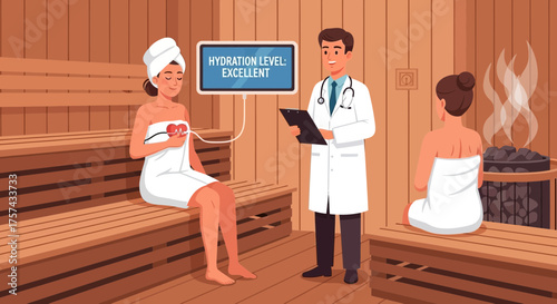Healthcare professional overseeing hydration levels in a sauna for wellness assessment
