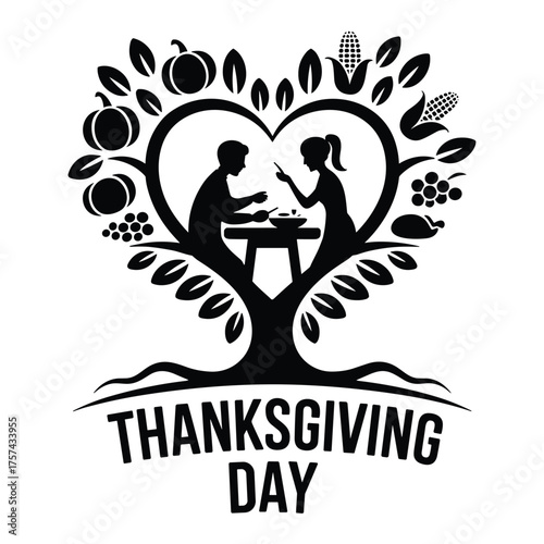 Wallpaper Mural Thanksgiving Day heart shaped tree silhouette with couple eating and harvest symbols vector illustration Torontodigital.ca
