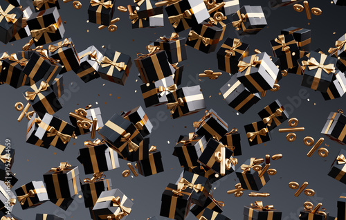 Black Friday ad with black and gold gifts and percentage symbols falling on a dark background in 3D illustration