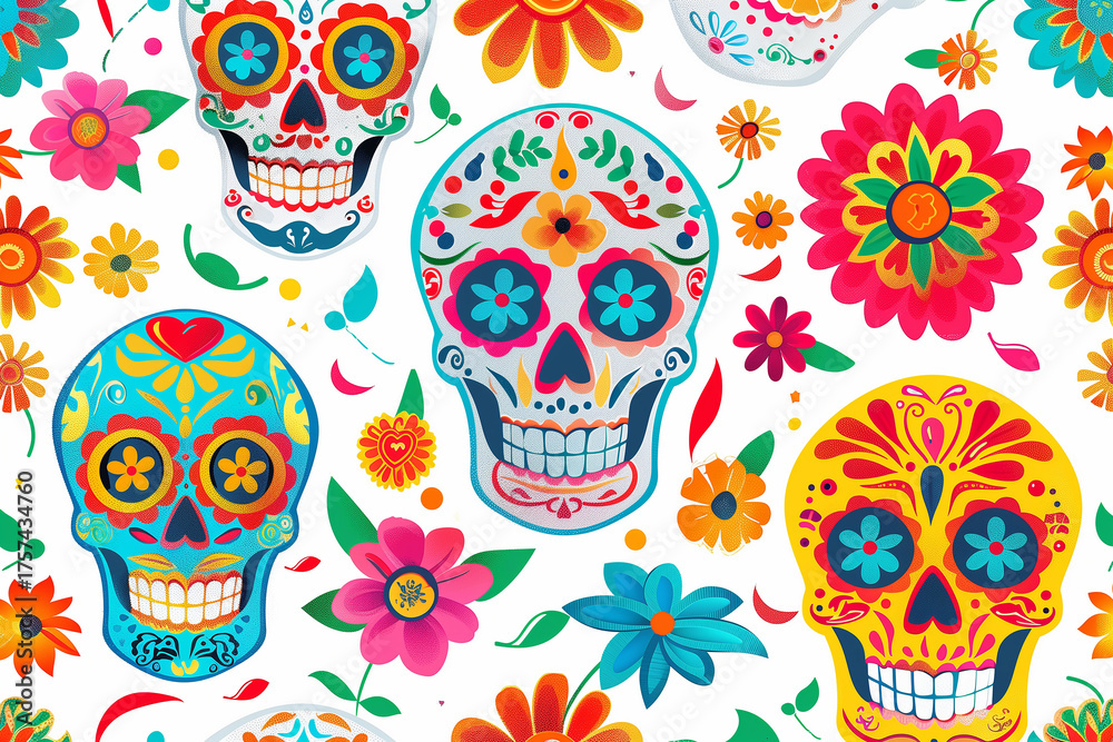 A colorful pattern of skulls and flowers. Day of the Dead, mexico,