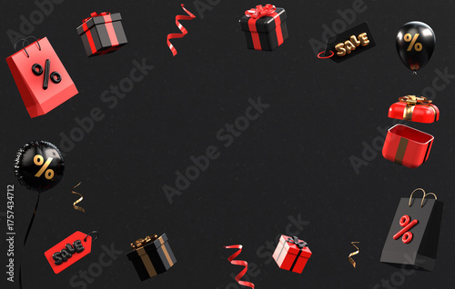 Black Friday banner background with text space and black and red floating stuff in 3D rendering. Super sale post and online shopping concept