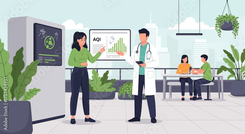 Illustrative depiction of air quality data analysis with consultation and outdoor seating