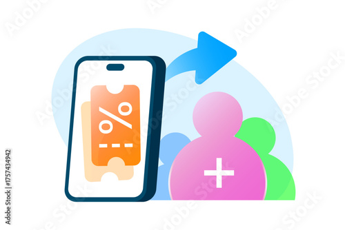 illustration of smartphone with voucher and share. sharing coupons, promo codes, digital discounts with friends or customers via mobile app. for online marketing, referral programs or reward campaigns