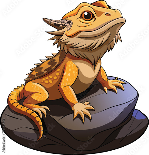 Close up illustration of a spiky bearded dragon lizard sitting on a rock