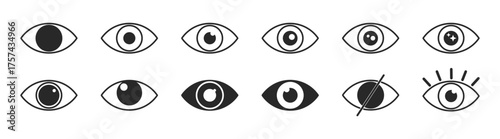 Eye icon vector illustration — abstract human eyeball symbol, sight and vision design with black outline and pupil on transparent background.