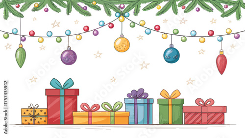 Christmas gifts and ornaments with festive garland